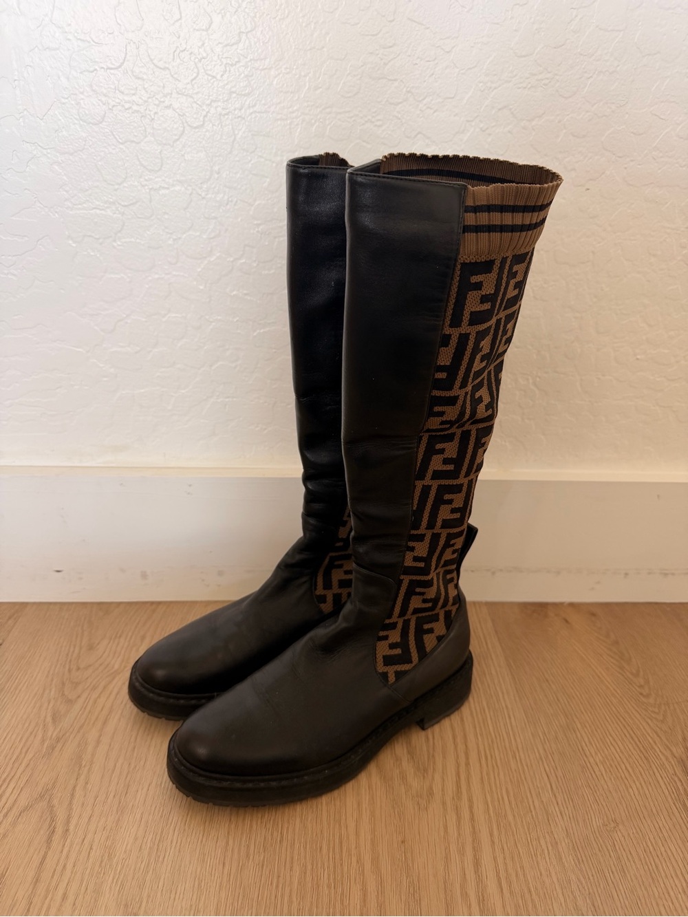 Authentic Fendi Zucca FF Logo Knit & Leather Tall Boots Size 36.5